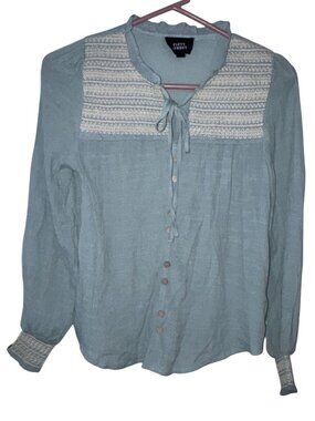 Fifty Street Womens Smocked Long Sleeve Button Front Top In Sage Green Size S
